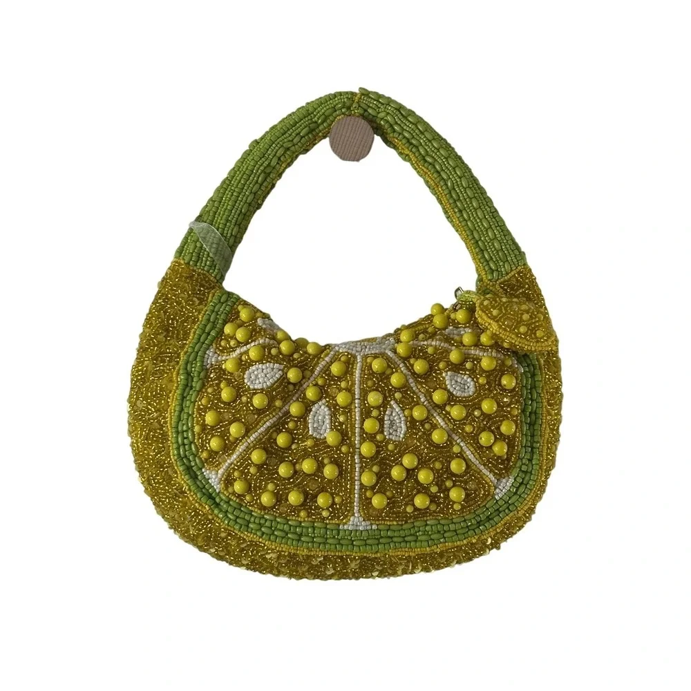 Handcrafted Beaded Lemon Slice Hobo Bag Yellow Green Citrus Fruit Novelty NWT